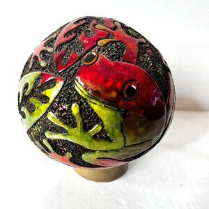 Hand Carved Painted Gourd Frog Motif Lacquer Rattle Signed by Artist JVC Rare